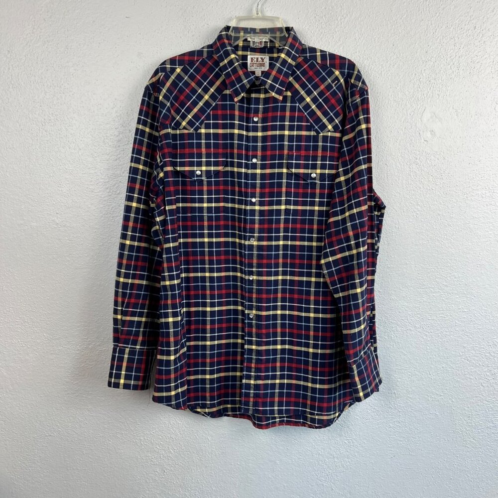 Ely Cattleman Men's Navy Plaid Wrinkle Resistant Pearl Snap Shirt Size 17/35